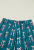 Green Ribbon Bow Print Silky Long Sleeve Shirt and Shorts 2pcs Pajama Set