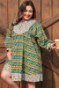 Green Plus Size Mixed Floral Print Striped Trim Loose Mini Dress