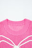Sachet Pink Sweet Bow Decor Hollow Out Knitted Drop Shoulder Sweater