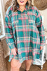 Green Plaid Button-Up Shift Long Sleeve V Neck Plus Size Dress