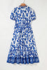 Blue Floral Puff Short Sleeve V Neck High Waist Maxi Dress