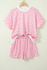 Green Polka Dot Print Color Block Trim Mock Neck Short Set