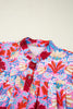 Pink Floral Print Bubble Sleeve Button Up Pleated Shirt