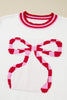 White Striped Trim Bow Graphic Round Neck Drop Shoulder Sweater