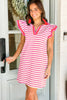 Sachet Pink Stripe Print Contrast Collar Split Neck Flutter Sleeve Short Dress