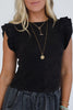 Black Ruffled Crew Neck Slim Fit Top