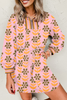 Pink Floral Print Zip Neck Striped Patchwork Long Sleeve Drawstring Dress