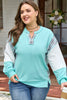 Aruba Blue Twist Ribbed Color Block Plaid Patchwork Plus Size Long Sleeve Top