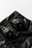 Black Faux Leather Retro Buckle Detail Pleated Stitch Flared Midi Skirt