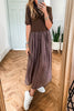 Coffee Short Sleeve Knit Top Patchwork Pleated Long Dress