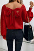 Racing Red Lantern Sleeve V Neck Knot Back Sweater
