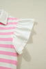 Pink Stripe Collar V Neck Ruffled Short Sleeve Blouse