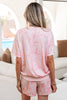Pink Abstract Print V Neck Loose Tee Drawstring Shorts 2pcs Outfit