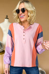 Pink Colorblock Long Sleeve Buttons Henley Top