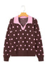 Pink Polka Dot Pattern Color Block Collared Loose Pullover Sweater