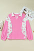 Pink Plus Size Contrast Polo Collar Floral Patchwork Elastic Cuffs Long Sleeve Top
