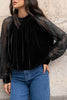Color Black Solid Color Sheer Lace Long Sleeve Patchwork Stand Neck Velvet Blouse