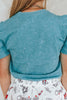 Turquoise Mineral Wash Western Embroidered Detail Short Puff Sleeve Cotton Tee