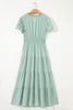 Clearly Aqua Solid Color V Neck Short Puff Sleeve High Waist Tiered Maxi Dress