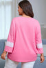 Pink Star Patched Colorblock Raw Edge Bracelet Sleeve Plus Size Loose Tee