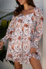 White Floral Print Sweetheart Neck Long Sleeve High Waist Mini Dress