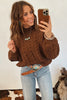 Coffee Solid Color Cable Knit High Neck Loose Pullover Sweater