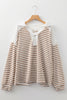 Khaki Stripe Buttoned V Neck Textured Hooded Plus Size Top