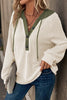 Coffee Waffle Contrast Half Buttoned Hooded Pullover Top
