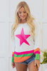 White Star Pattern Colorblock Striped Edge Drop Shoulder Sweater