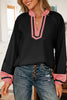 Black Color Block Patchwork Detail V Neck Textured Long Sleeve Blouse