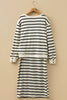 Black Stripe Ribbed Trim Button Cuff Long Sleeve Top Midi Skirt 2pcs Outfit