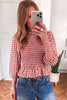 Green 3/4 Sleeve Shirred Plaid Peplum Top