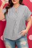 Black Stripe Plus Size V Neck Roll-tab Short Dolman Sleeve Blouse