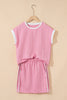 Pink Contrast Trim Textured Crewneck Tee and Pocketed Skirt Set