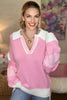 Pink Contrasting Polo Collar Color Block Knit Drop Shoulder Sweater