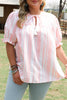 Pink Stripe Plus Size Tassel Tie Frilled Detail Short Sleeve Blouse