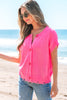 Bright Pink Distressed Hem Short Sleeve Knitted Button Front Sweater