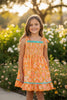 ORANGE DITSY FLORAL W/MAUVE GREEN RUFFLE TRIM SMOCK DRESS
