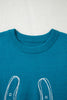 Light Blue Horse Shoe Embroidered Loose Short Sleeve Sweater