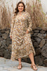 Khaki Abstract Plant Print Loose Plus Size Long Dress