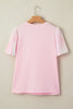 Light Pink Three Sweet Hearts Printed Sequin Trim Contrast Sleeve Patchwork Tee
