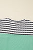 Sea Green Twisted Ribbed Contrast Round Neck Striped Patchwork Long Sleeve Top