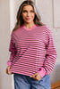 Pink Stripe V Neck Drop Shoulder Long Sleeve Top