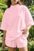 Light Pink Solid Color Exposed Seam Mock Neck Oversize Tee Casual Shorts 2pcs Outfit
