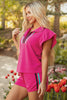Strawberry Pink Striped Detail Flutter Sleeve Zipped Collar Short Set