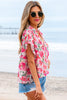 Pink Floral Boxy Fit Ruffled Short Sleeve V Neck Blouse