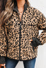 Khaki Leopard Print Zip Up Stand Neck Side Pocket Jacket