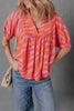 Orange Zebra Stripe Print Ruched Cuff Half Sleeve V Neck Blouse