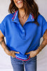 Sky Blue Contrast Frilled Trim Button Collared Short Sleeve Knit Top