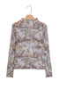 Smoke Gray Floral Print Slim Fit Mesh Long Sleeve Mock Neck Top